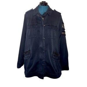 Torrid Jean Jacket Womens Size 2 Black Denim Long Moto Beaded Fray Biker Punk